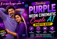 Trending Purple Neon Cinematic Couple AI Photo Edit – Create a Viral Romantic AI Couple Portrait